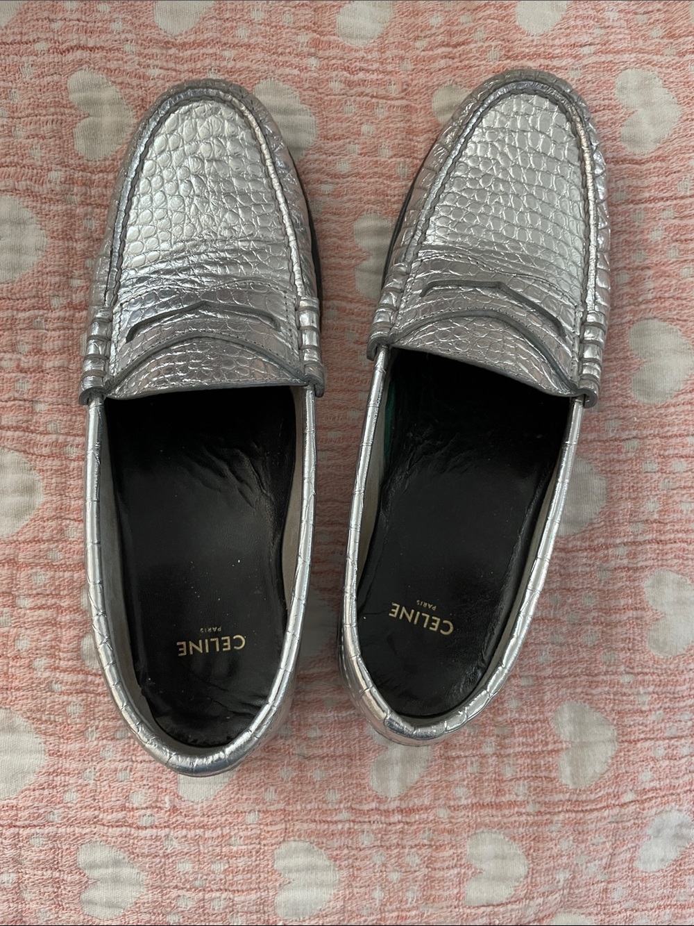 Celine Silver Croc-Embossed Penny Loafers for Women